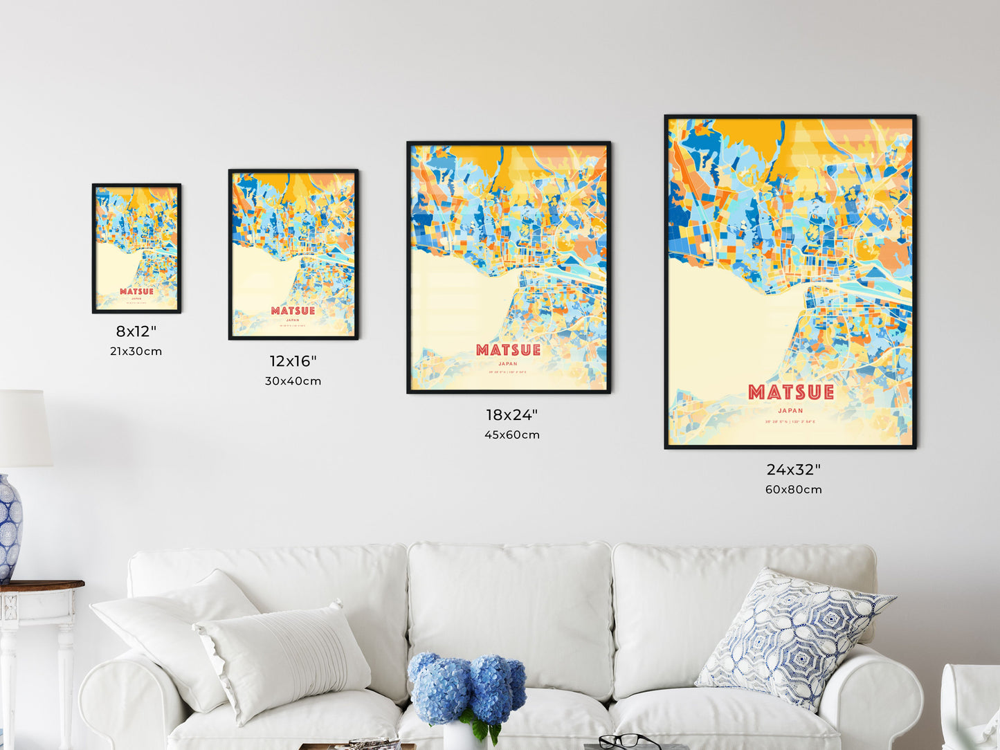 Colorful MATSUE JAPAN Fine Art Map Blue Orange