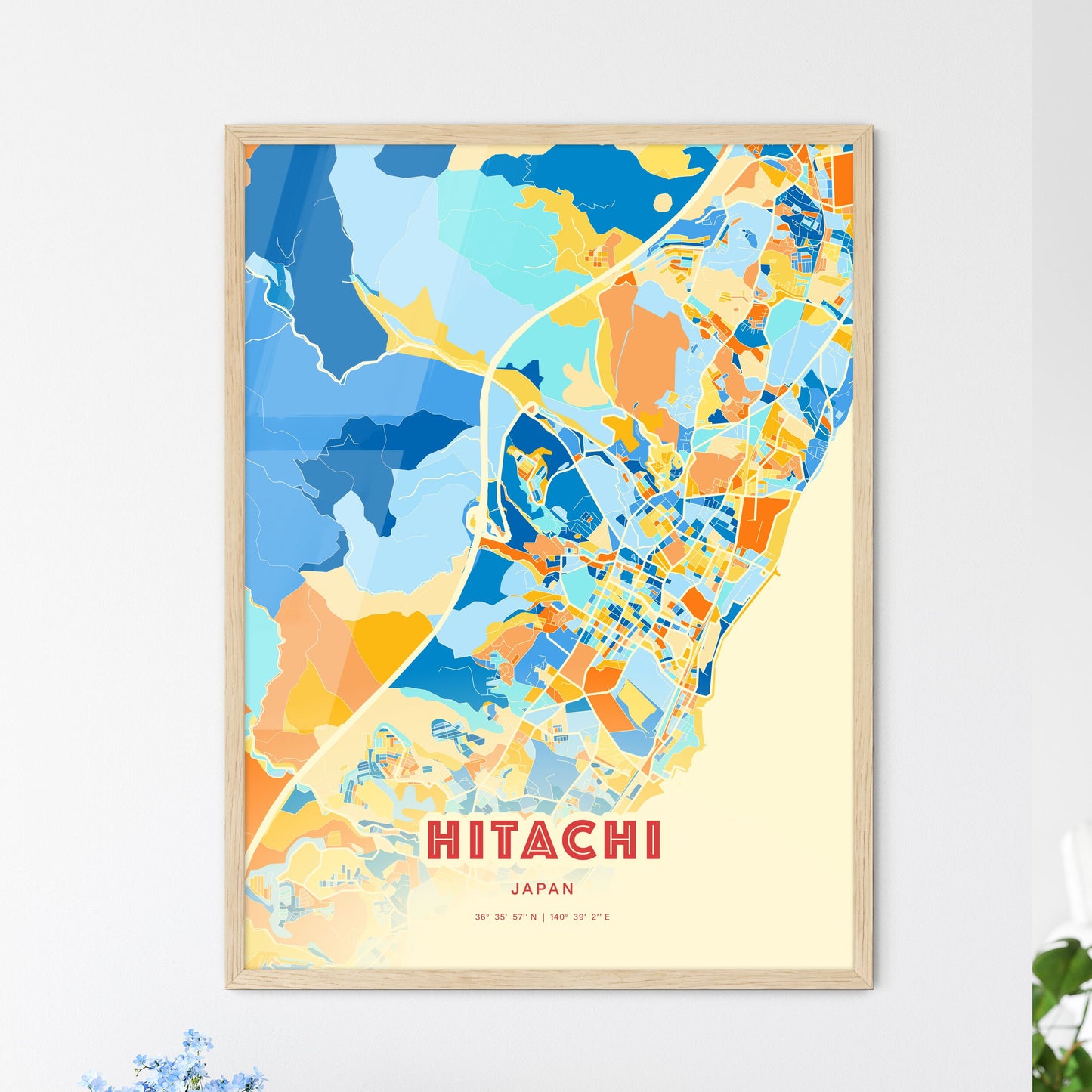 Colorful HITACHI JAPAN Fine Art Map Blue Orange