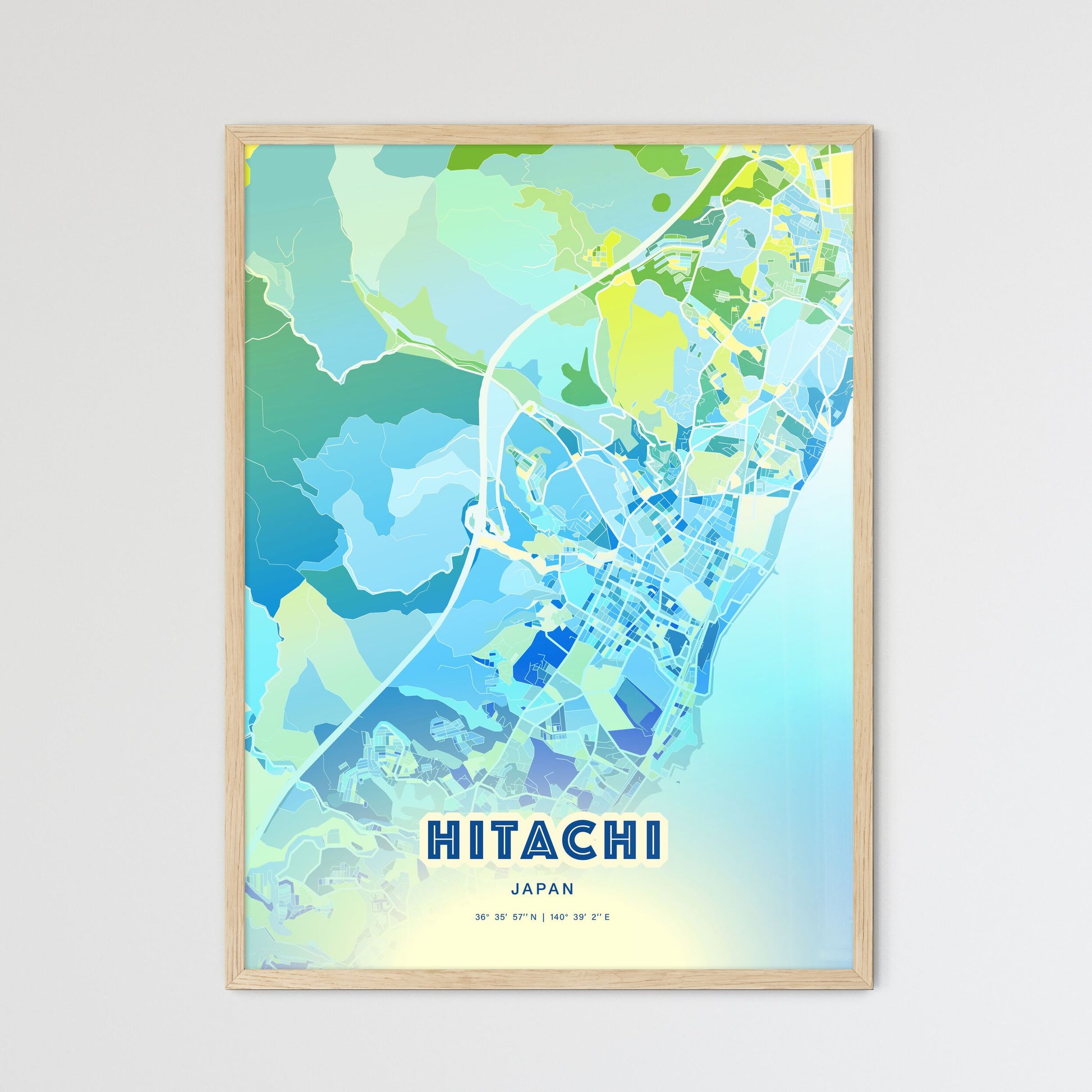 Colorful HITACHI JAPAN Fine Art Map Cool Blue