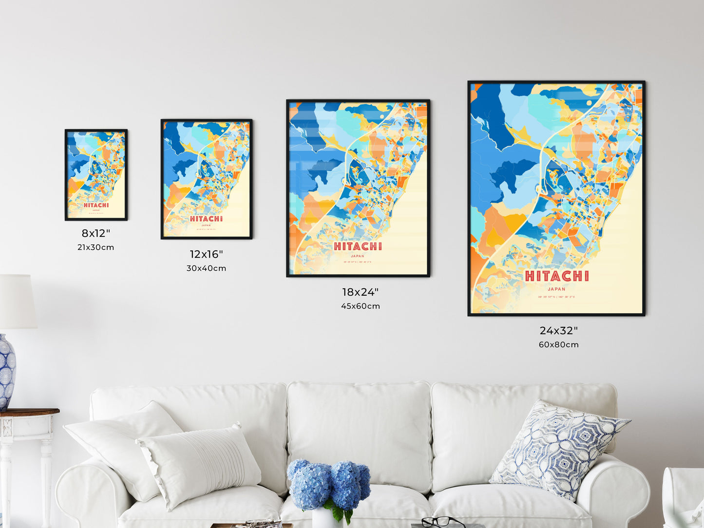 Colorful HITACHI JAPAN Fine Art Map Blue Orange