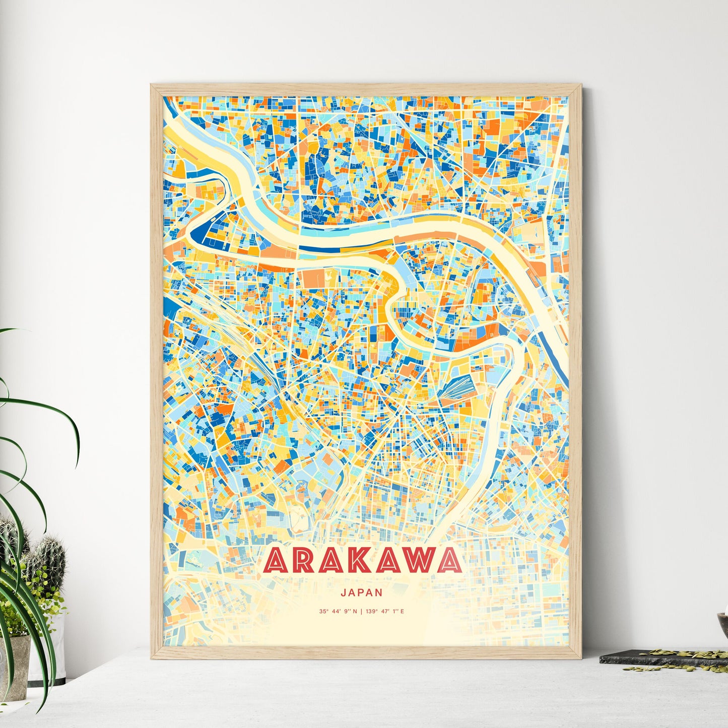 Colorful ARAKAWA JAPAN Fine Art Map Blue Orange