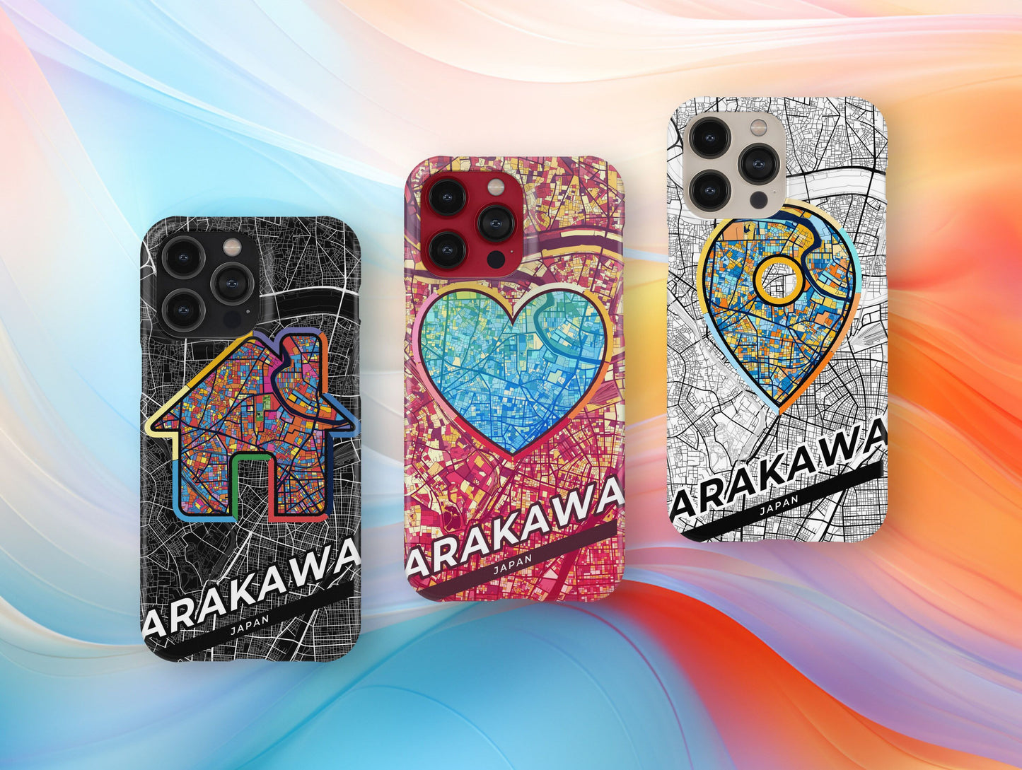 Arakawa Japan slim phone case with colorful icon. Birthday, wedding or housewarming gift. Couple match cases.