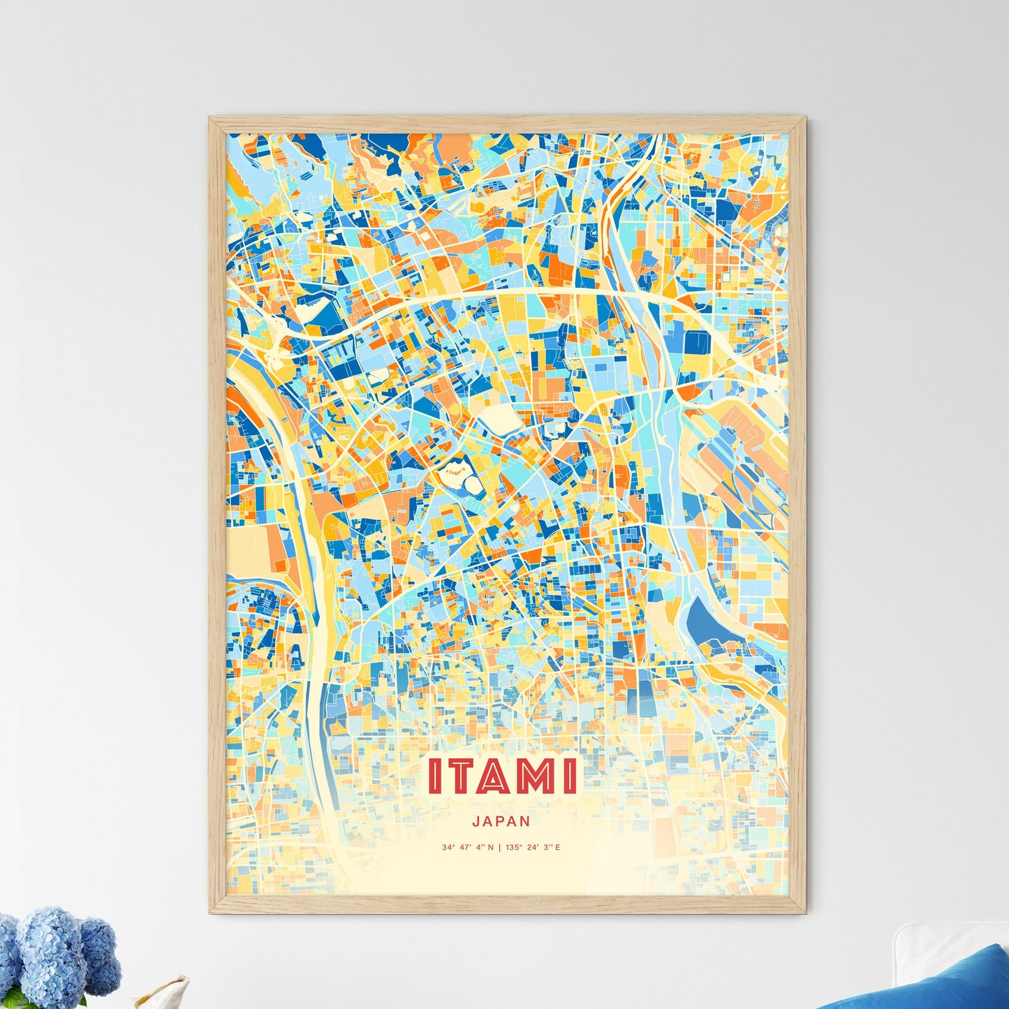 Colorful ITAMI JAPAN Fine Art Map Blue Orange