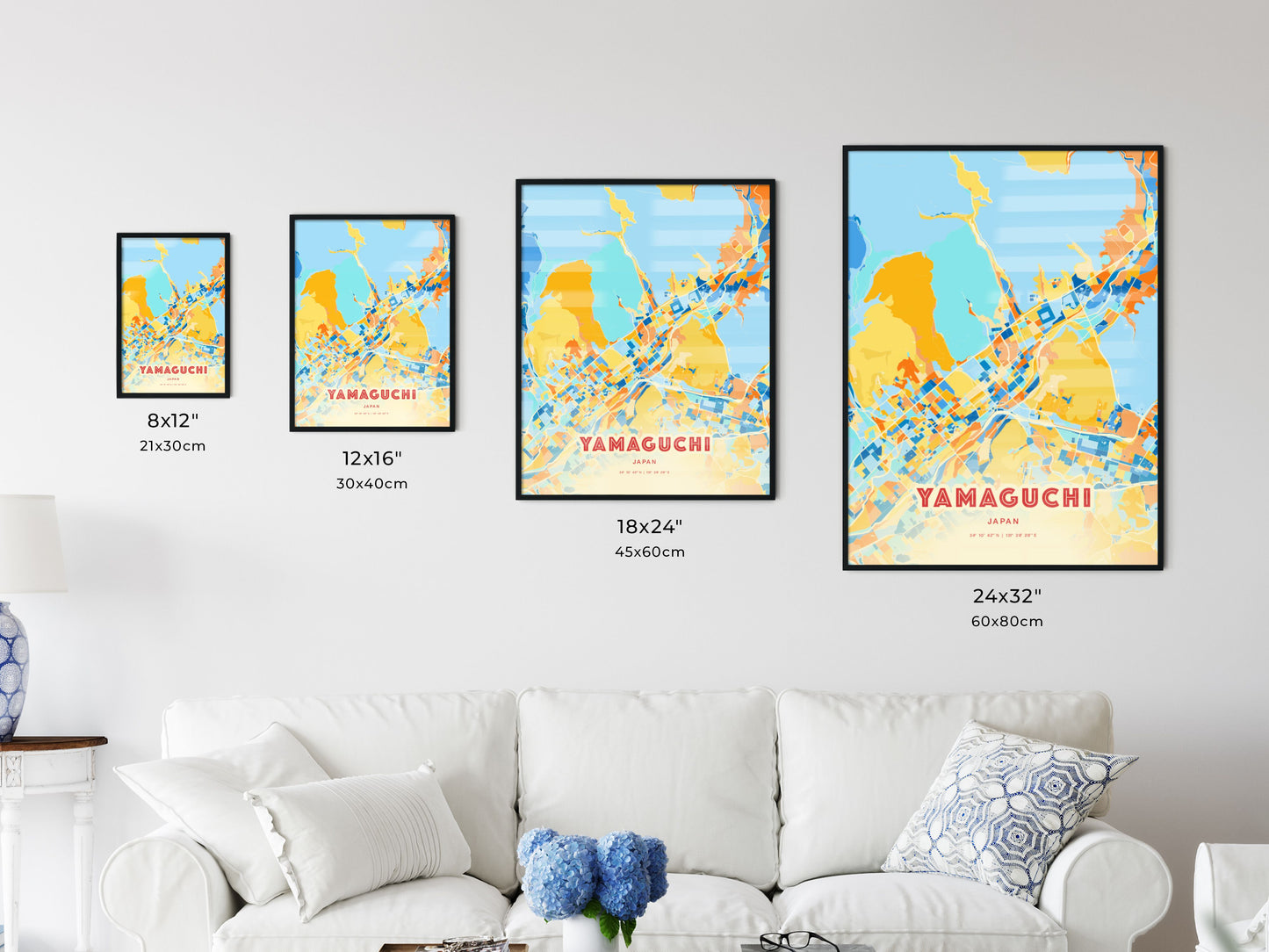 Colorful YAMAGUCHI JAPAN Fine Art Map Blue Orange