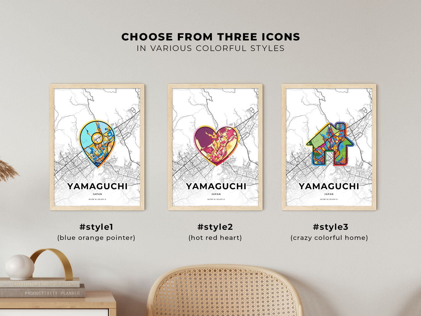Yamaguchi Japan maps with colorful icons