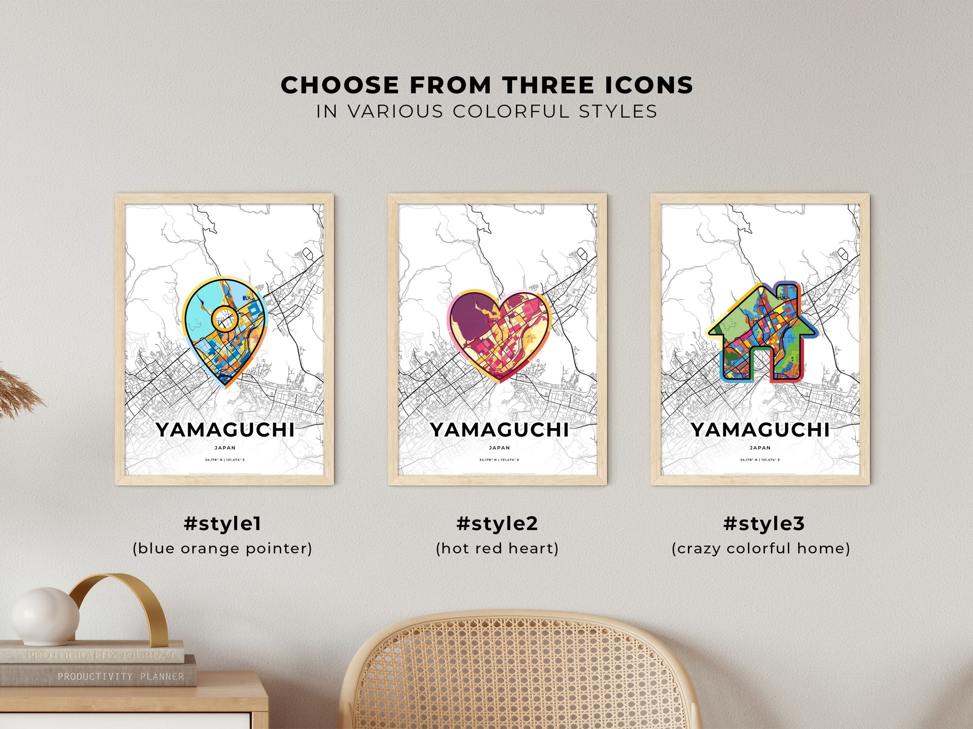 Yamaguchi Japan maps with colorful icons