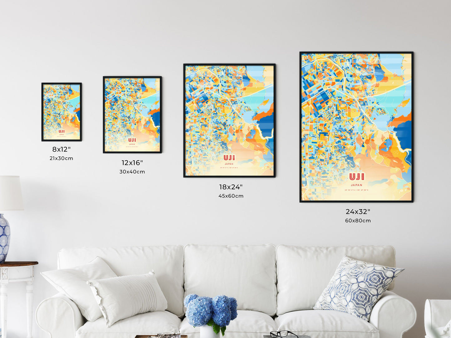 Colorful UJI JAPAN Fine Art Map Blue Orange