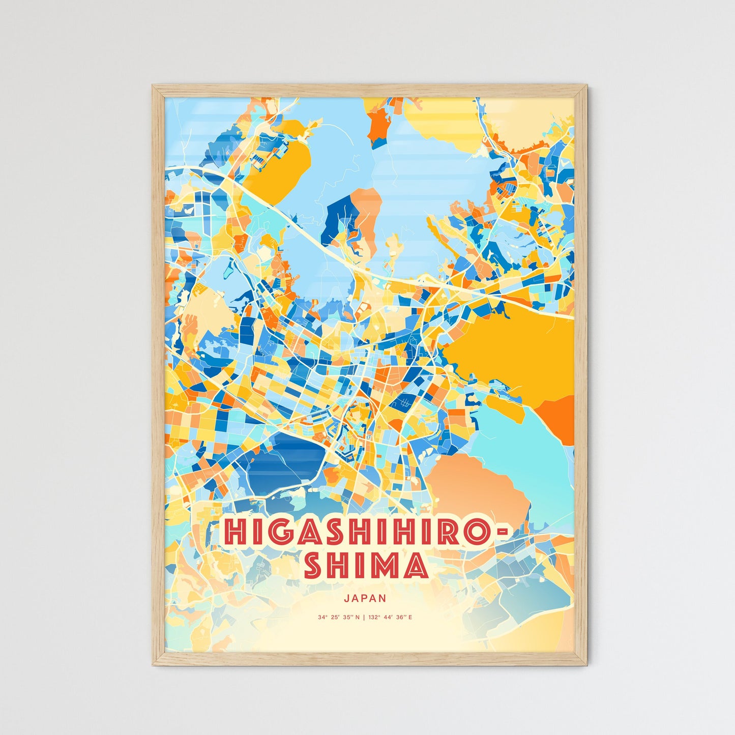 Colorful HIGASHIHIROSHIMA JAPAN Fine Art Map Blue Orange