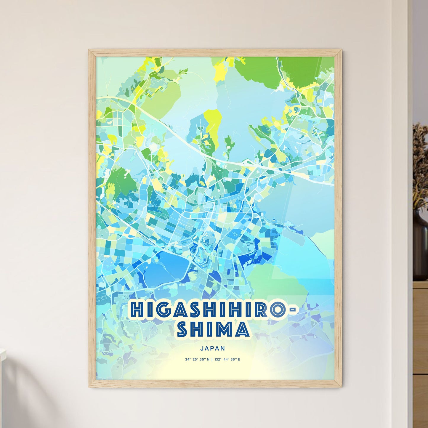 Colorful HIGASHIHIROSHIMA JAPAN Fine Art Map Cool Blue