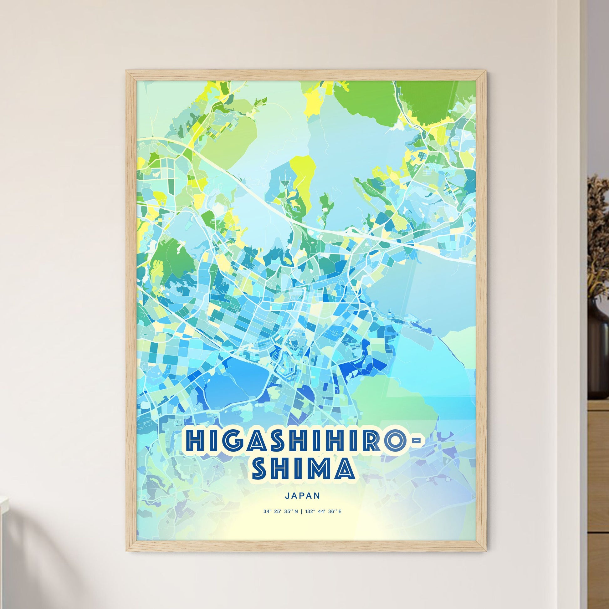 Colorful HIGASHIHIROSHIMA JAPAN Fine Art Map Cool Blue