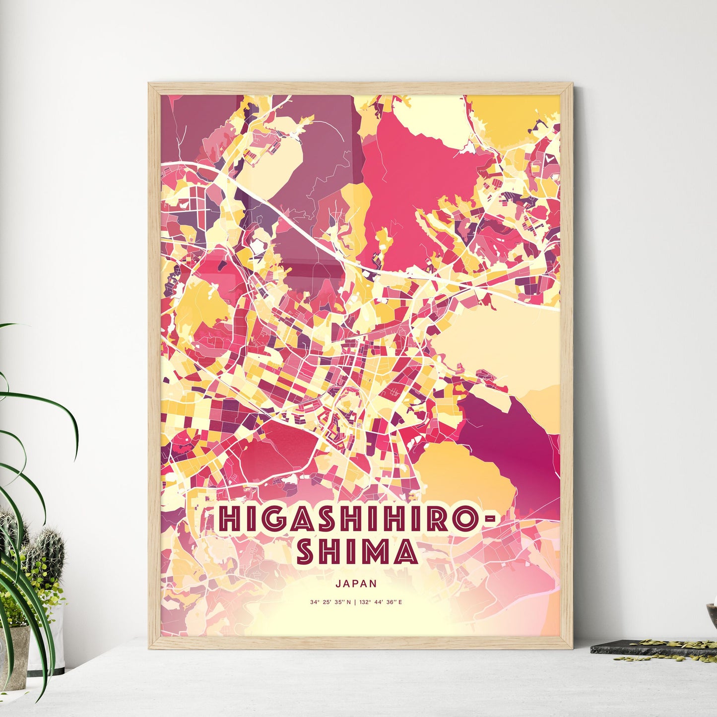 Colorful HIGASHIHIROSHIMA JAPAN Fine Art Map Hot Red