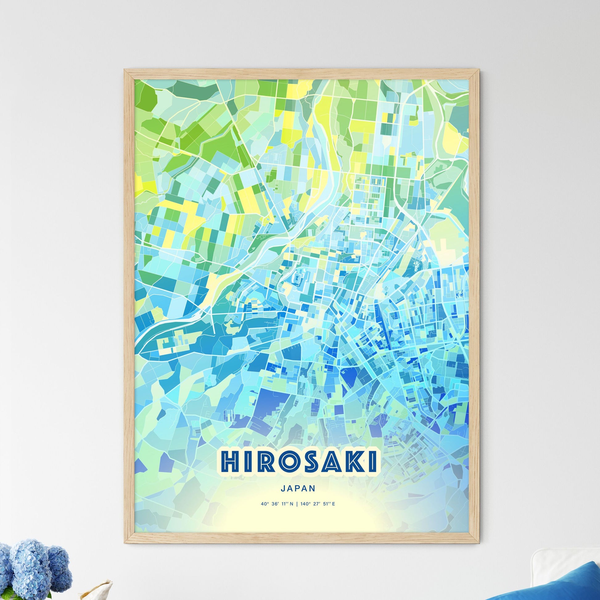 Colorful HIROSAKI JAPAN Fine Art Map Cool Blue