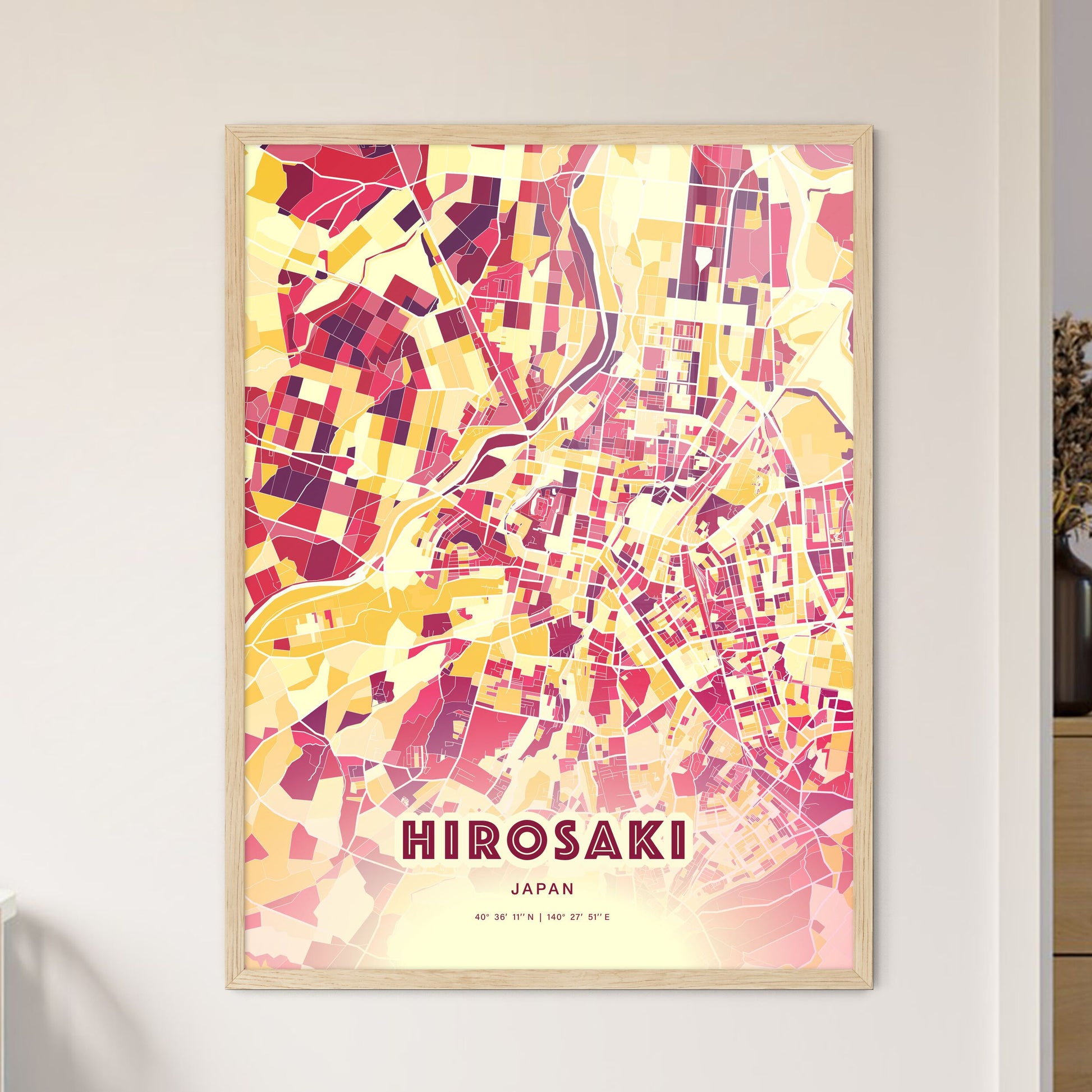 Colorful HIROSAKI JAPAN Fine Art Map Hot Red