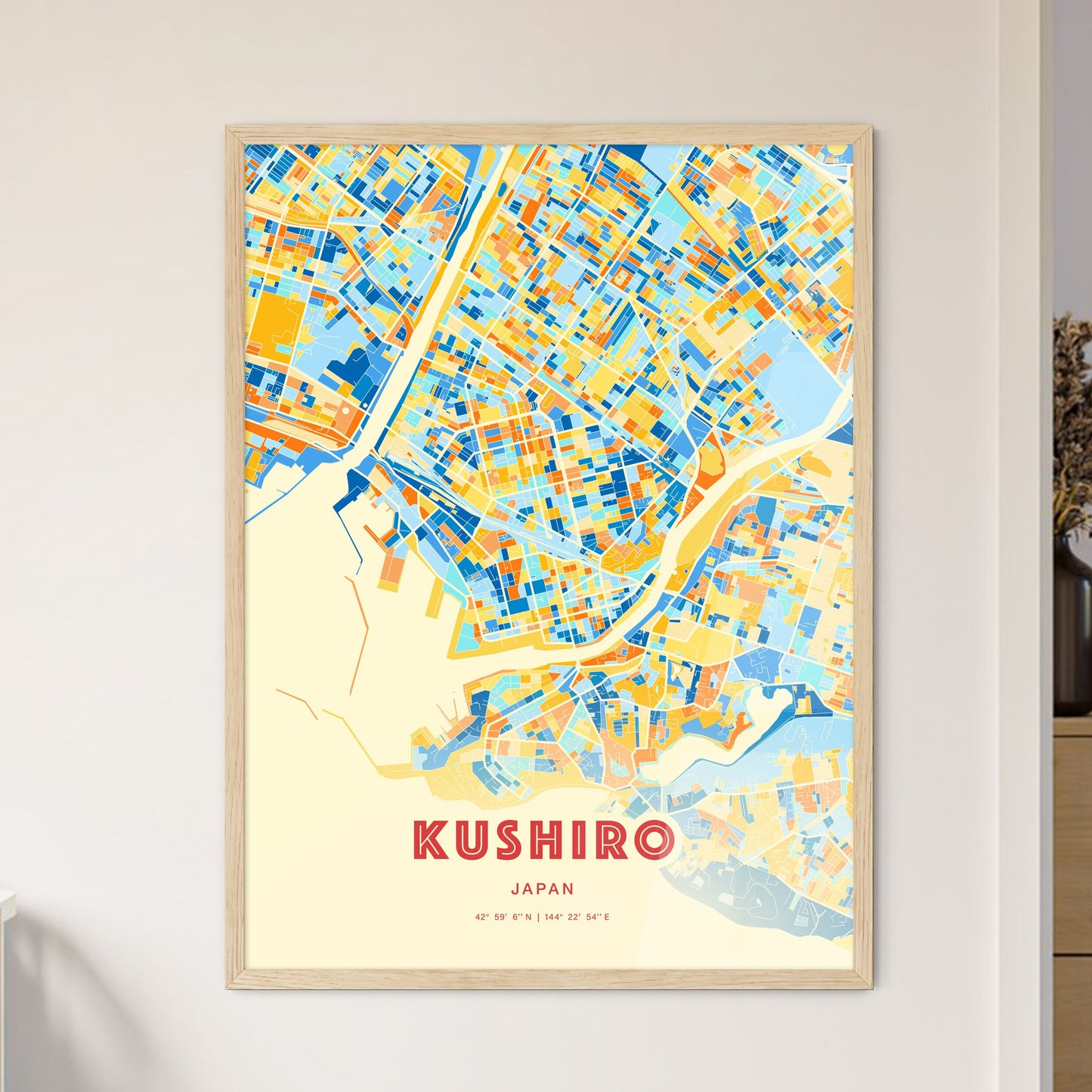 Colorful KUSHIRO JAPAN Fine Art Map Blue Orange