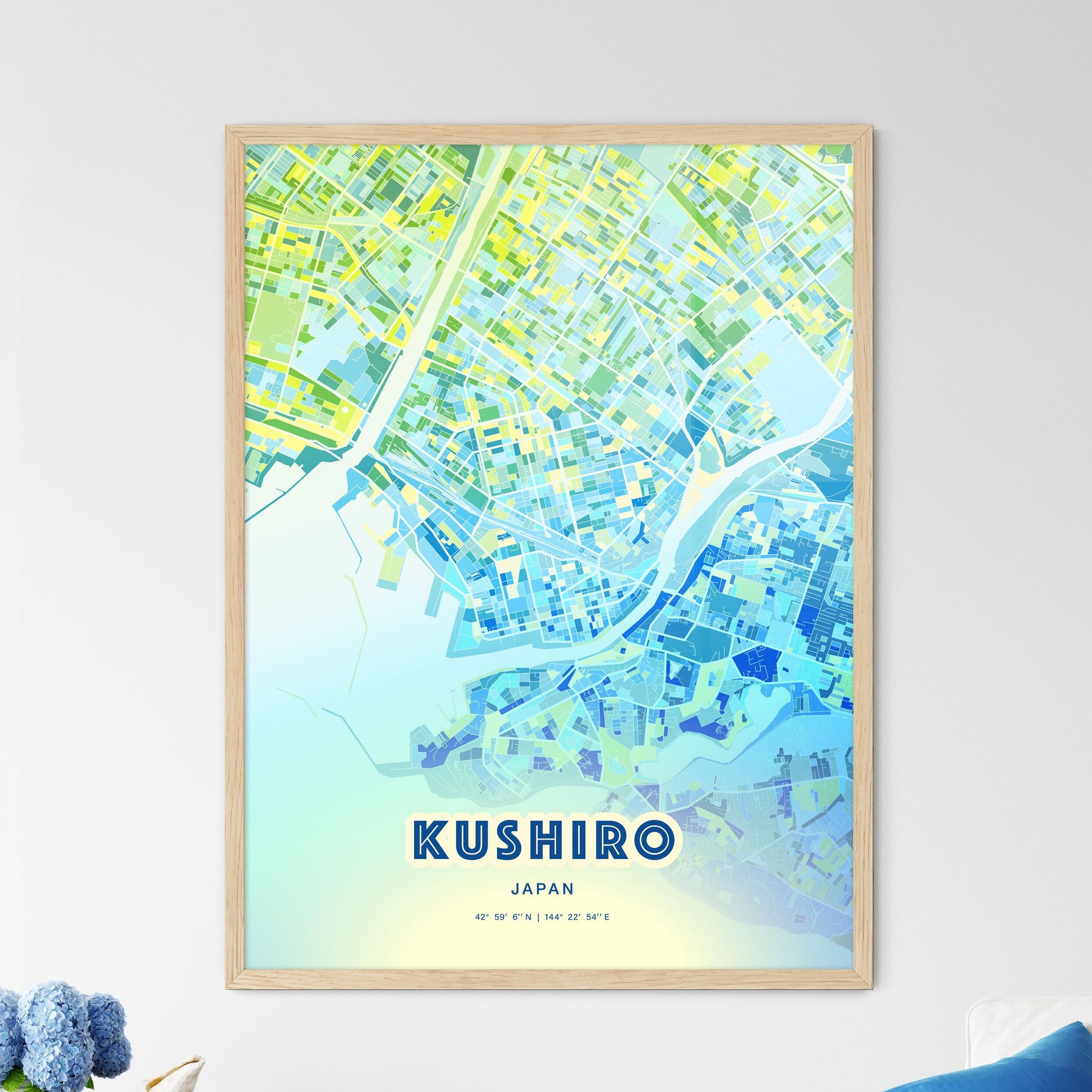 Colorful KUSHIRO JAPAN Fine Art Map Cool Blue