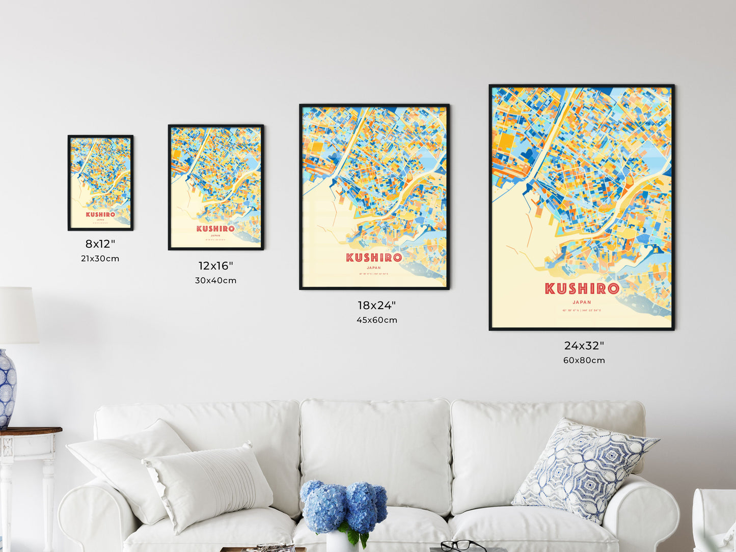 Colorful KUSHIRO JAPAN Fine Art Map Blue Orange