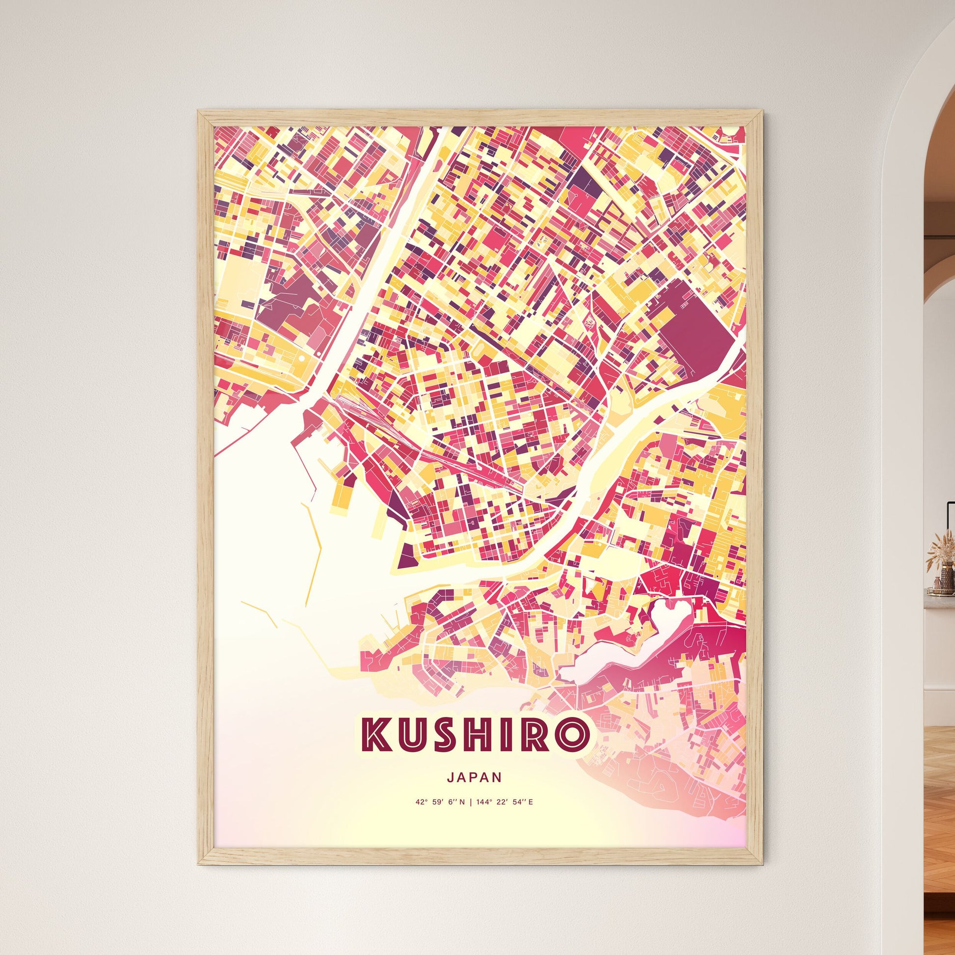 Colorful KUSHIRO JAPAN Fine Art Map Hot Red