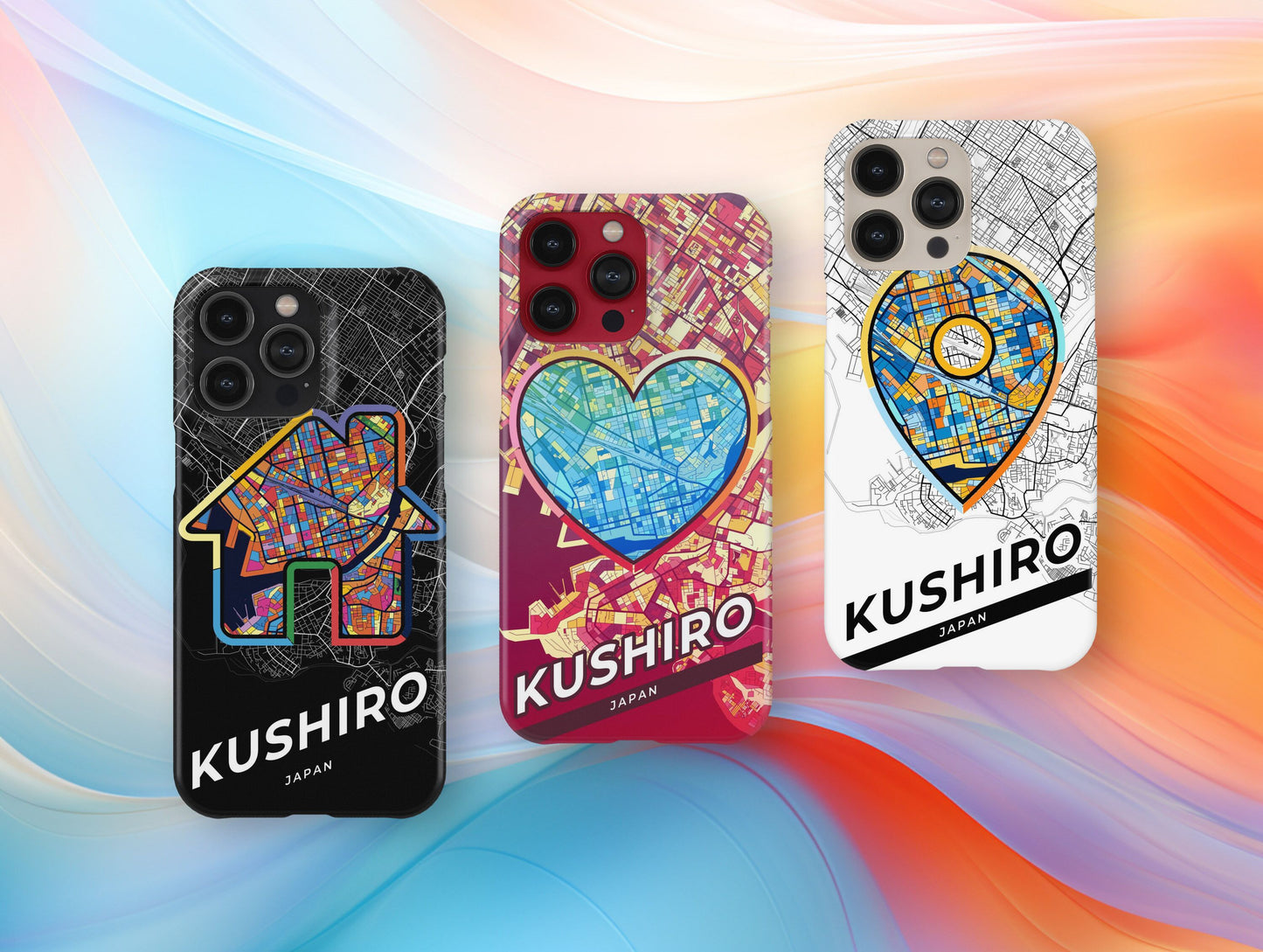 Kushiro Japan slim phone case with colorful icon. Birthday, wedding or housewarming gift. Couple match cases.