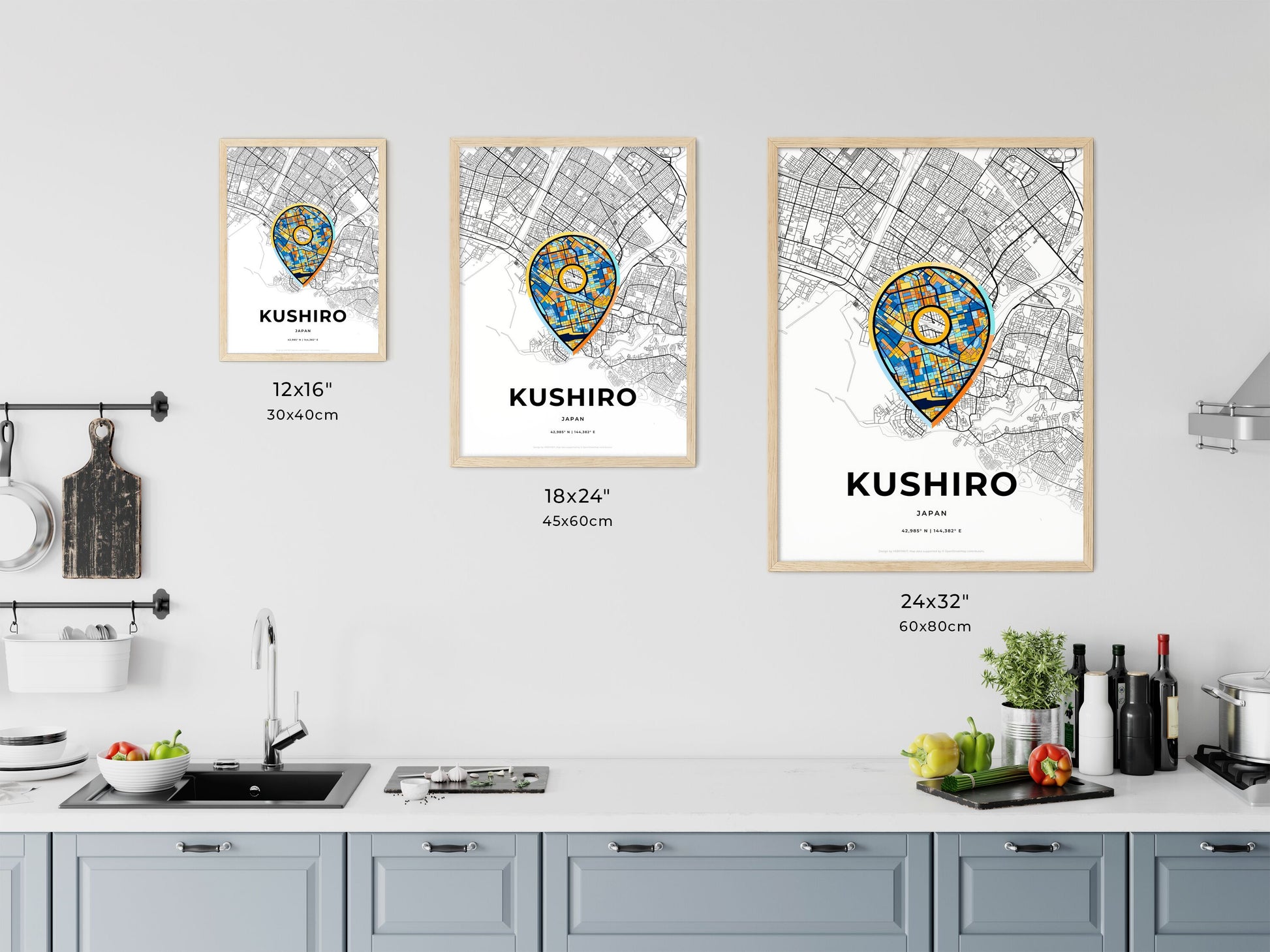 KUSHIRO JAPAN minimal art map with a colorful icon. Where it all began, Couple map gift.