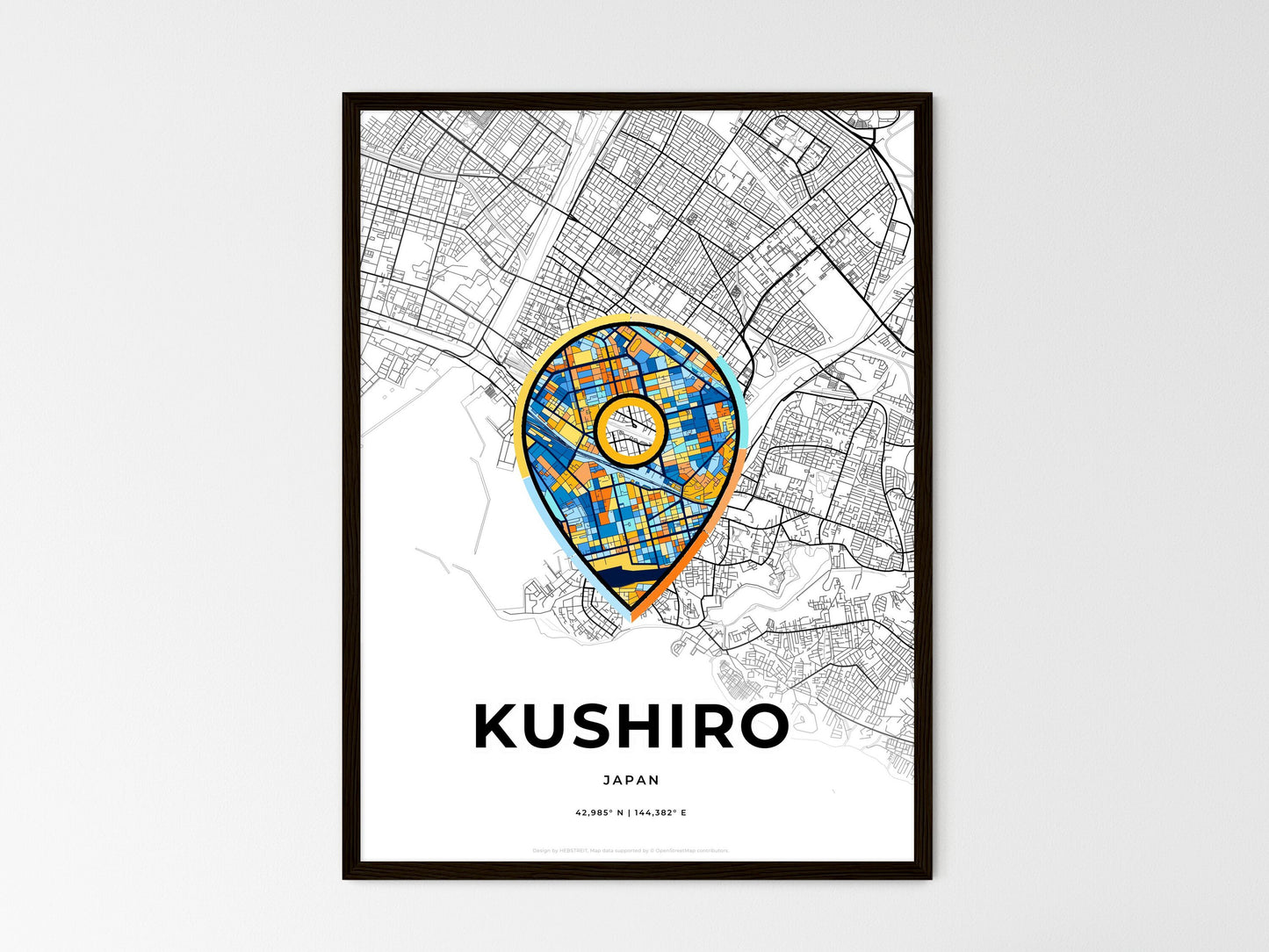 KUSHIRO JAPAN minimal art map with a colorful icon. Where it all began, Couple map gift. Style 1