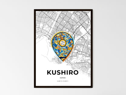 KUSHIRO JAPAN minimal art map with a colorful icon. Where it all began, Couple map gift. Style 1