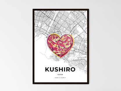 KUSHIRO JAPAN minimal art map with a colorful icon. Where it all began, Couple map gift. Style 2
