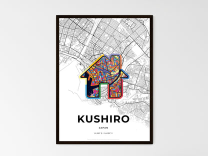 KUSHIRO JAPAN minimal art map with a colorful icon. Where it all began, Couple map gift. Style 3
