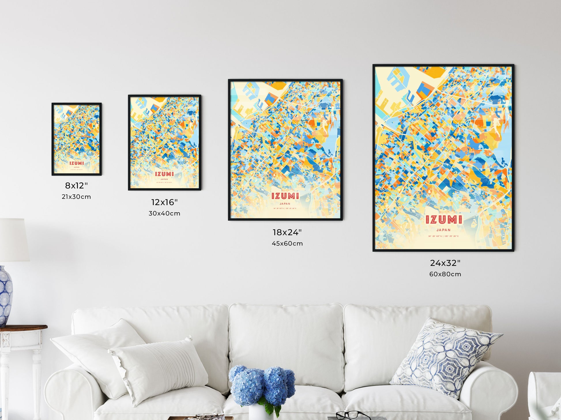 Colorful IZUMI JAPAN Fine Art Map Blue Orange