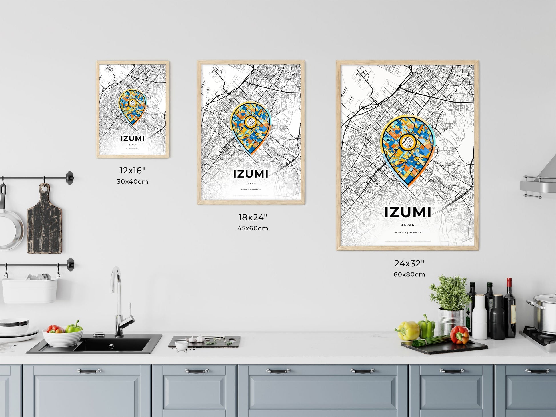 IZUMI JAPAN minimal art map with a colorful icon. Where it all began, Couple map gift.