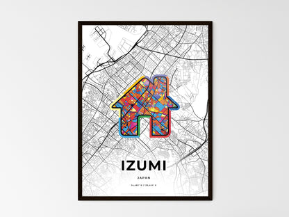 IZUMI JAPAN minimal art map with a colorful icon. Where it all began, Couple map gift. Style 3