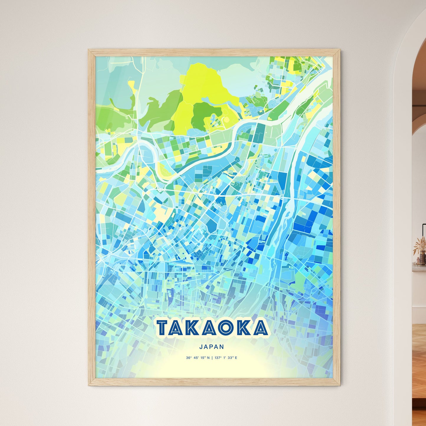 Colorful TAKAOKA JAPAN Fine Art Map Cool Blue