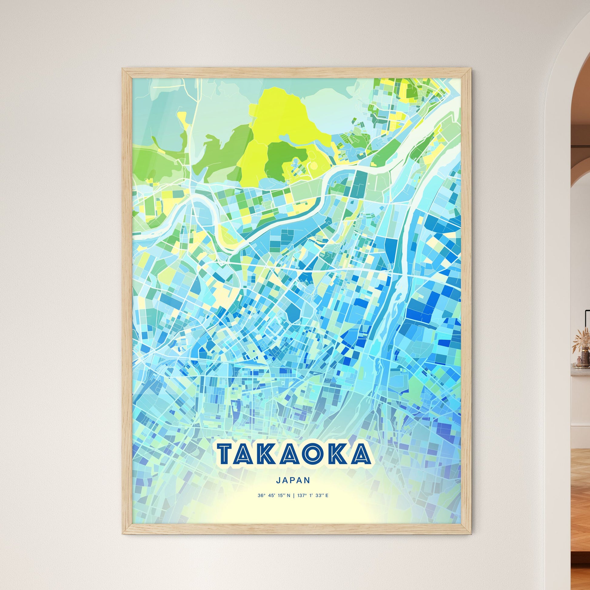 Colorful TAKAOKA JAPAN Fine Art Map Cool Blue