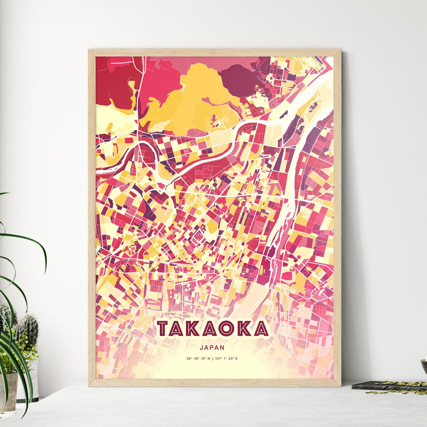 Colorful TAKAOKA JAPAN Fine Art Map Hot Red