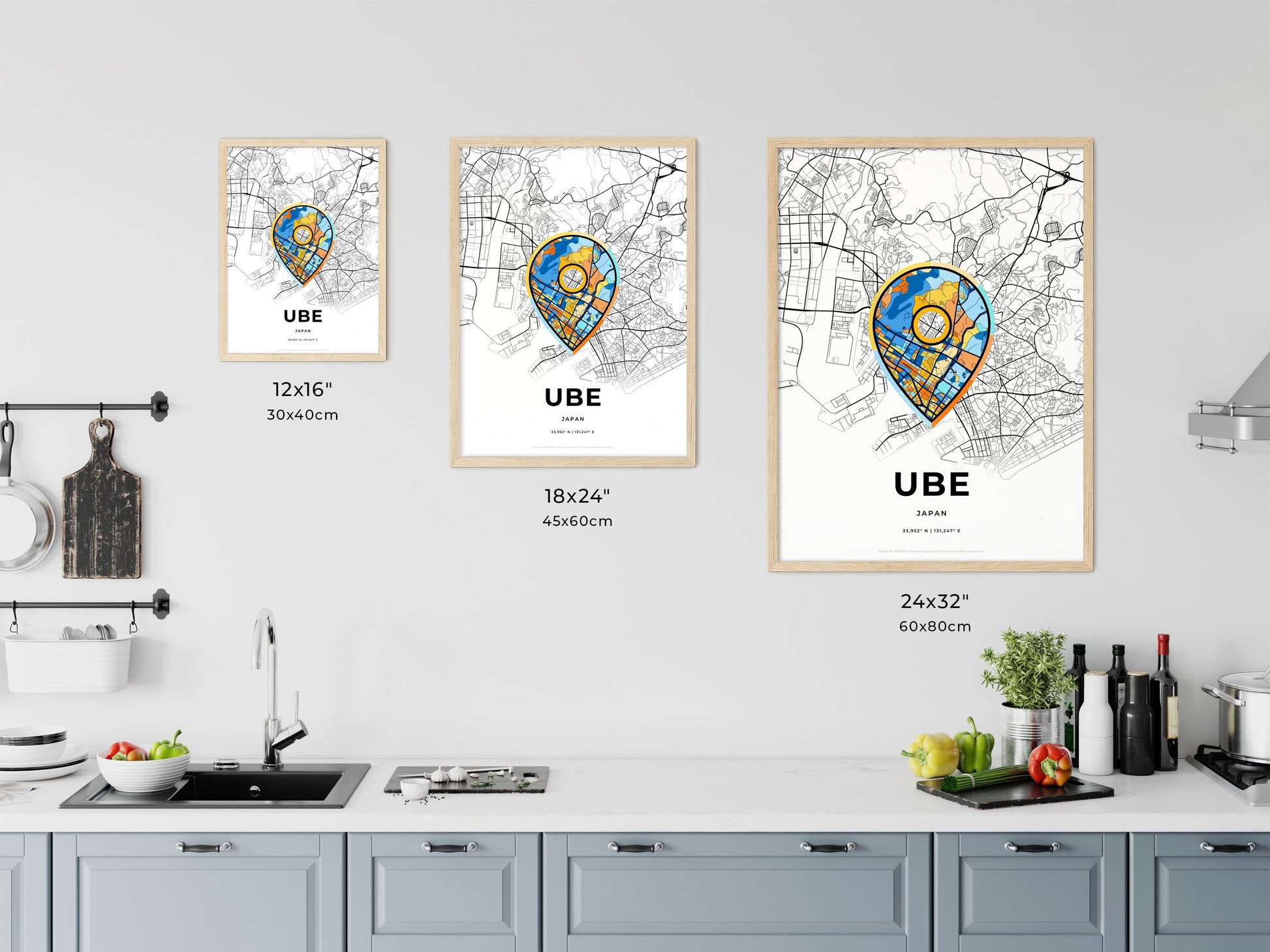 UBE JAPAN minimal art map with a colorful icon. Where it all began, Couple map gift.