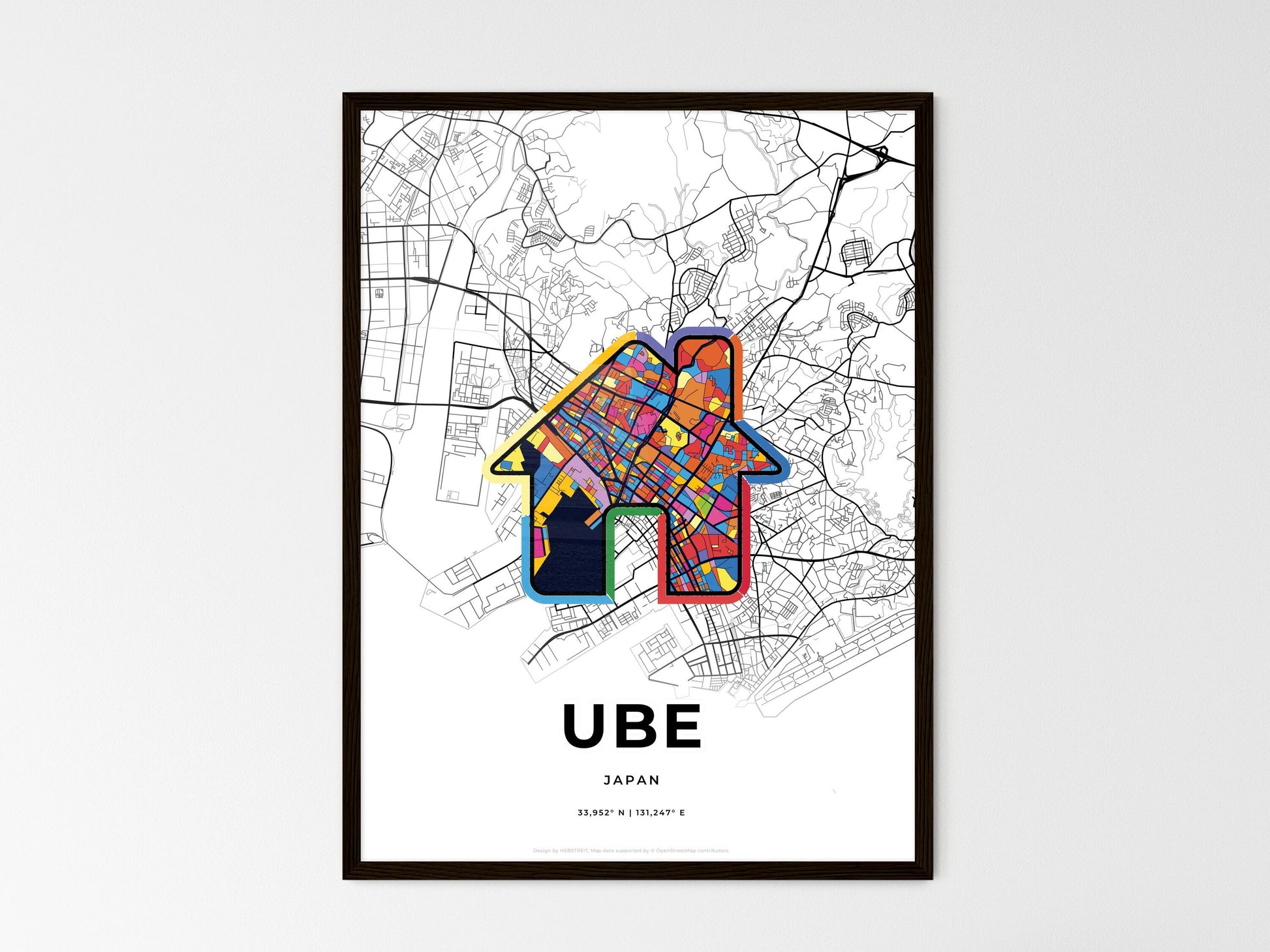 UBE JAPAN minimal art map with a colorful icon. Where it all began, Couple map gift. Style 3