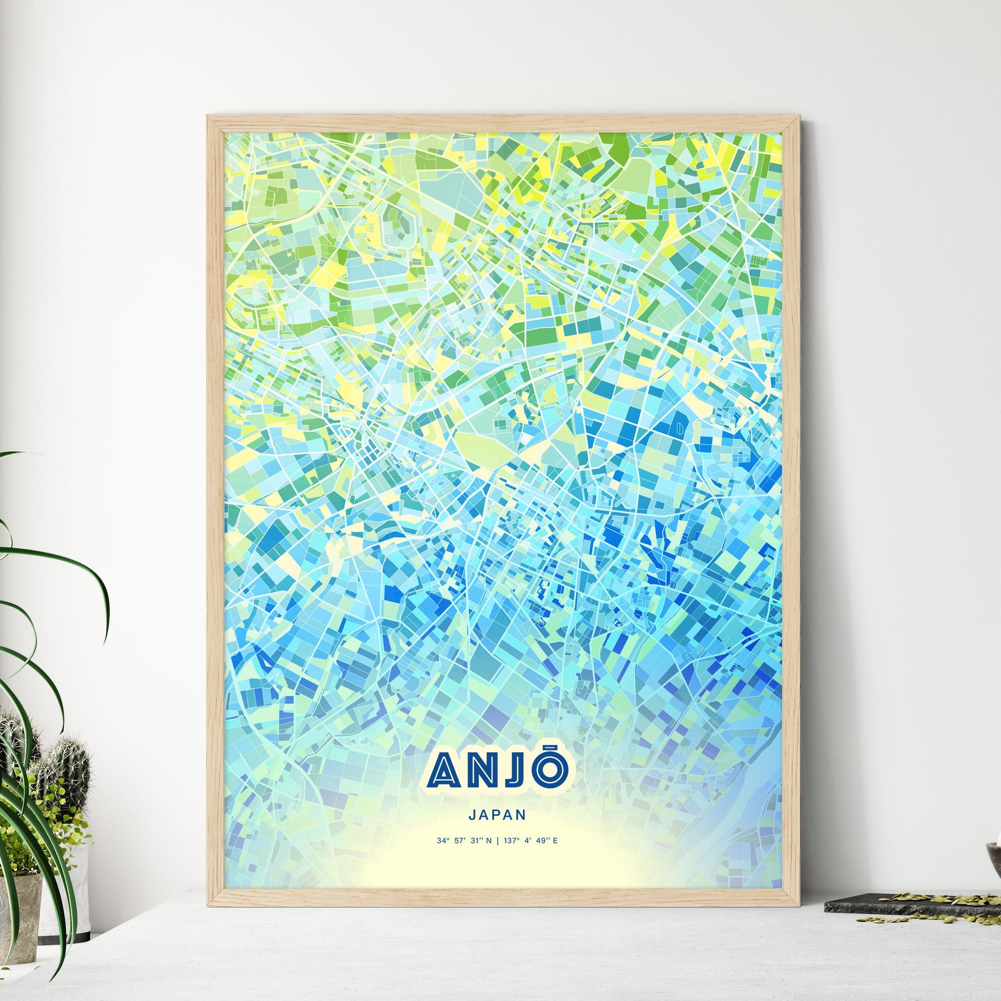 Colorful ANJŌ JAPAN Fine Art Map Cool Blue