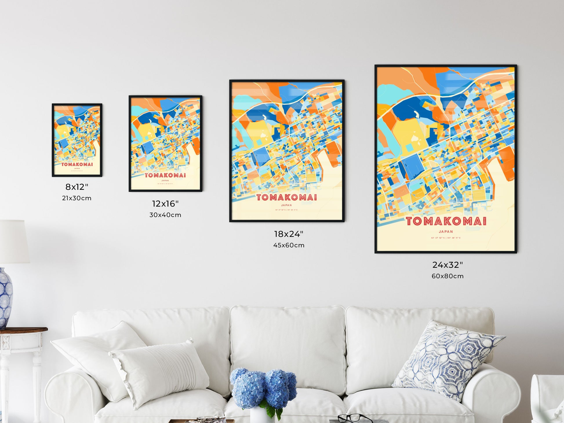 Colorful TOMAKOMAI JAPAN Fine Art Map Blue Orange