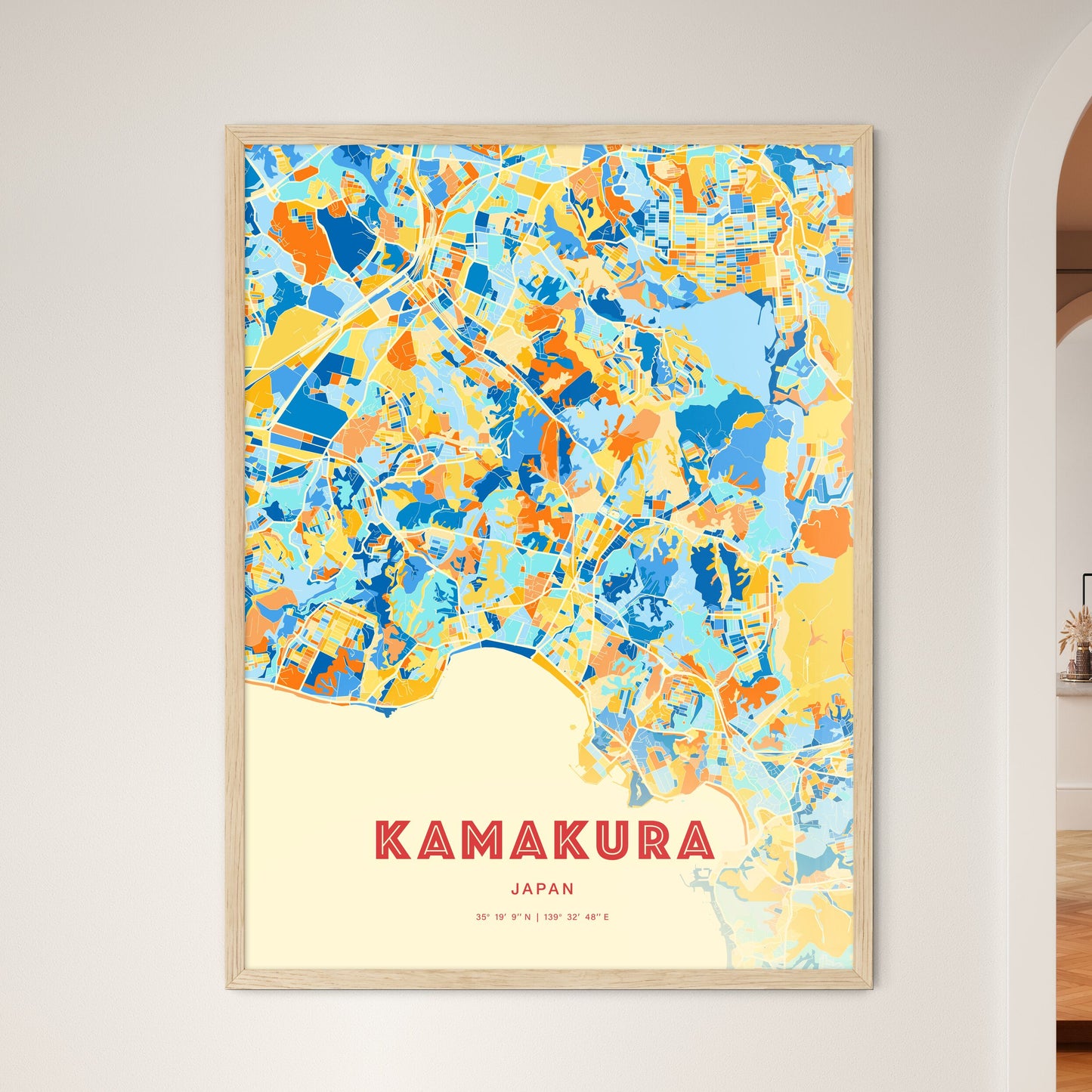 Colorful KAMAKURA JAPAN Fine Art Map Blue Orange