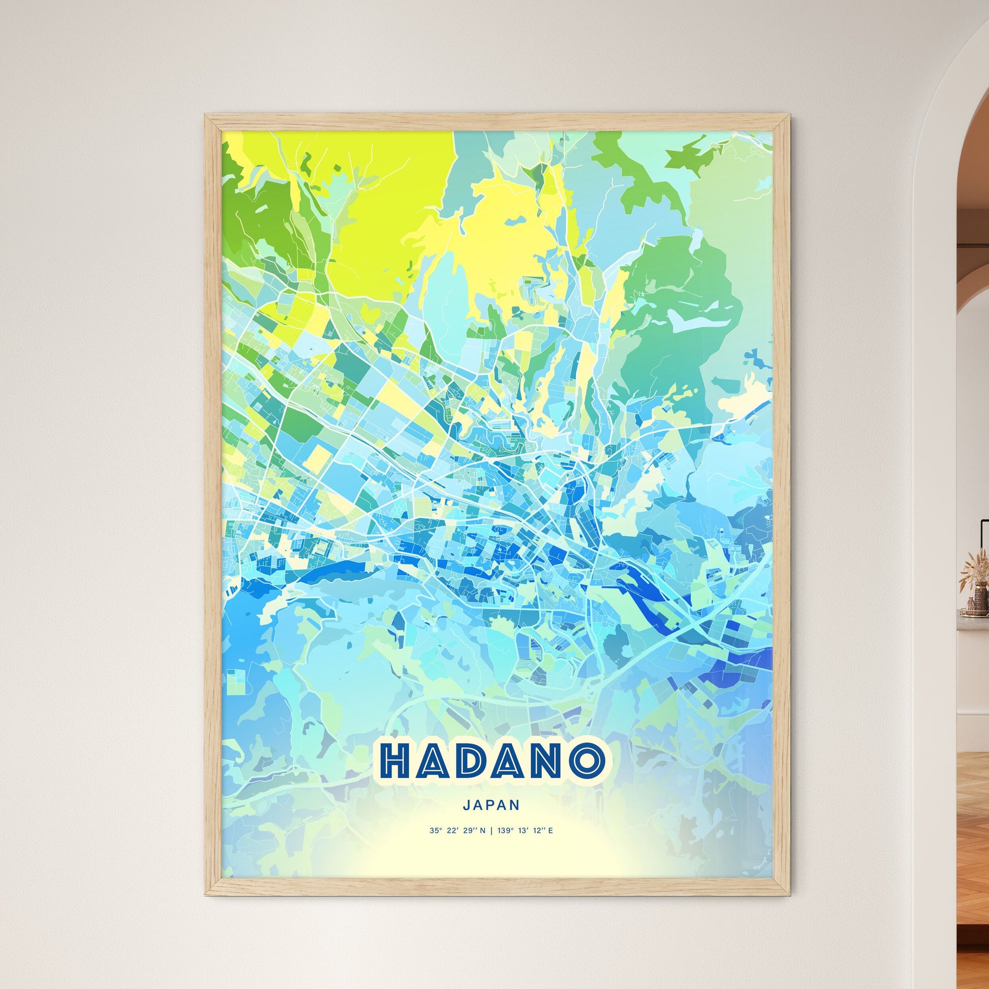 Colorful HADANO JAPAN Fine Art Map Cool Blue