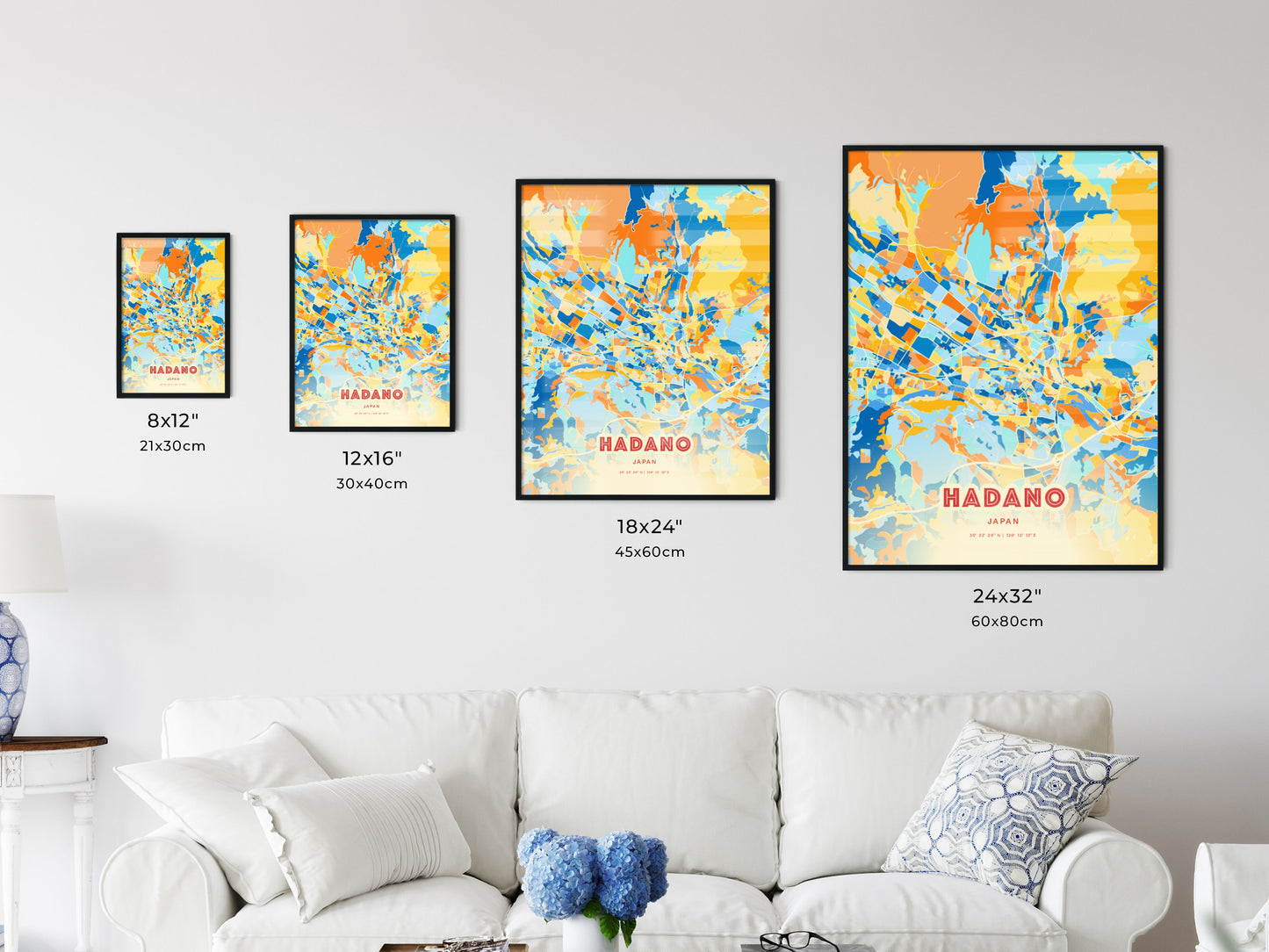 Colorful HADANO JAPAN Fine Art Map Blue Orange