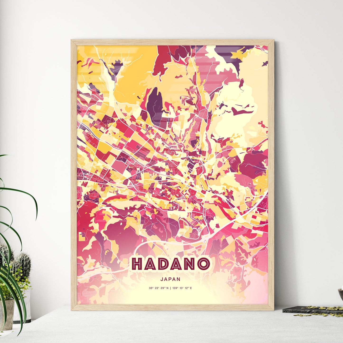 Colorful HADANO JAPAN Fine Art Map Hot Red