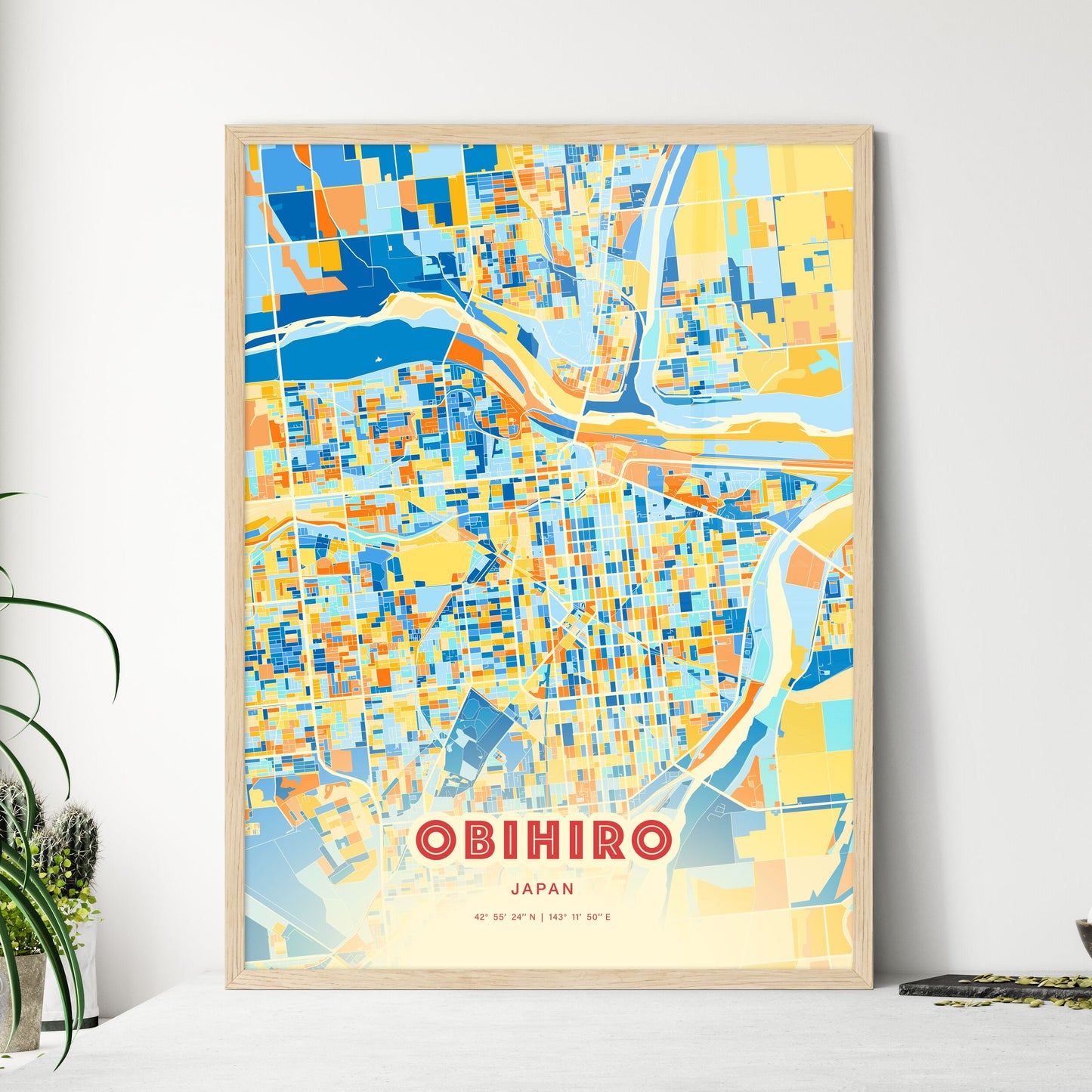 Colorful OBIHIRO JAPAN Fine Art Map Blue Orange