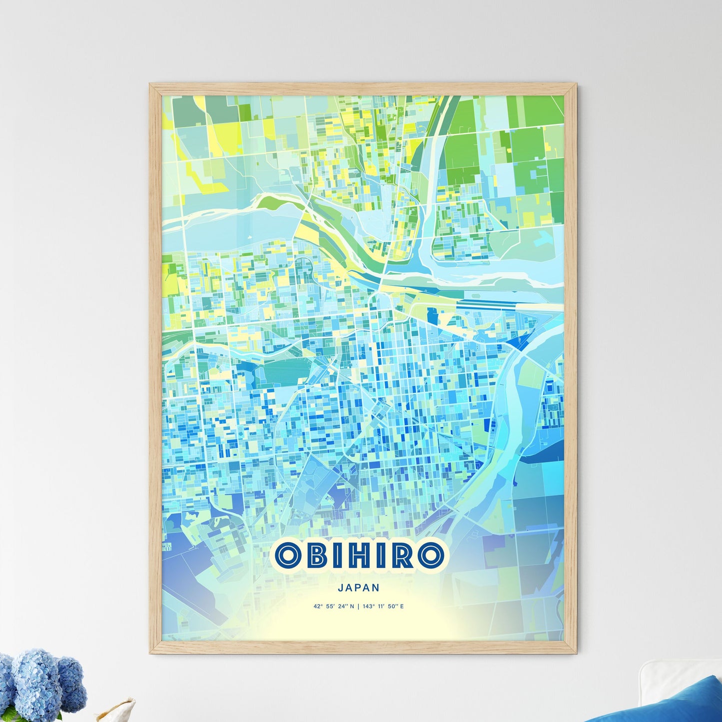 Colorful OBIHIRO JAPAN Fine Art Map Cool Blue