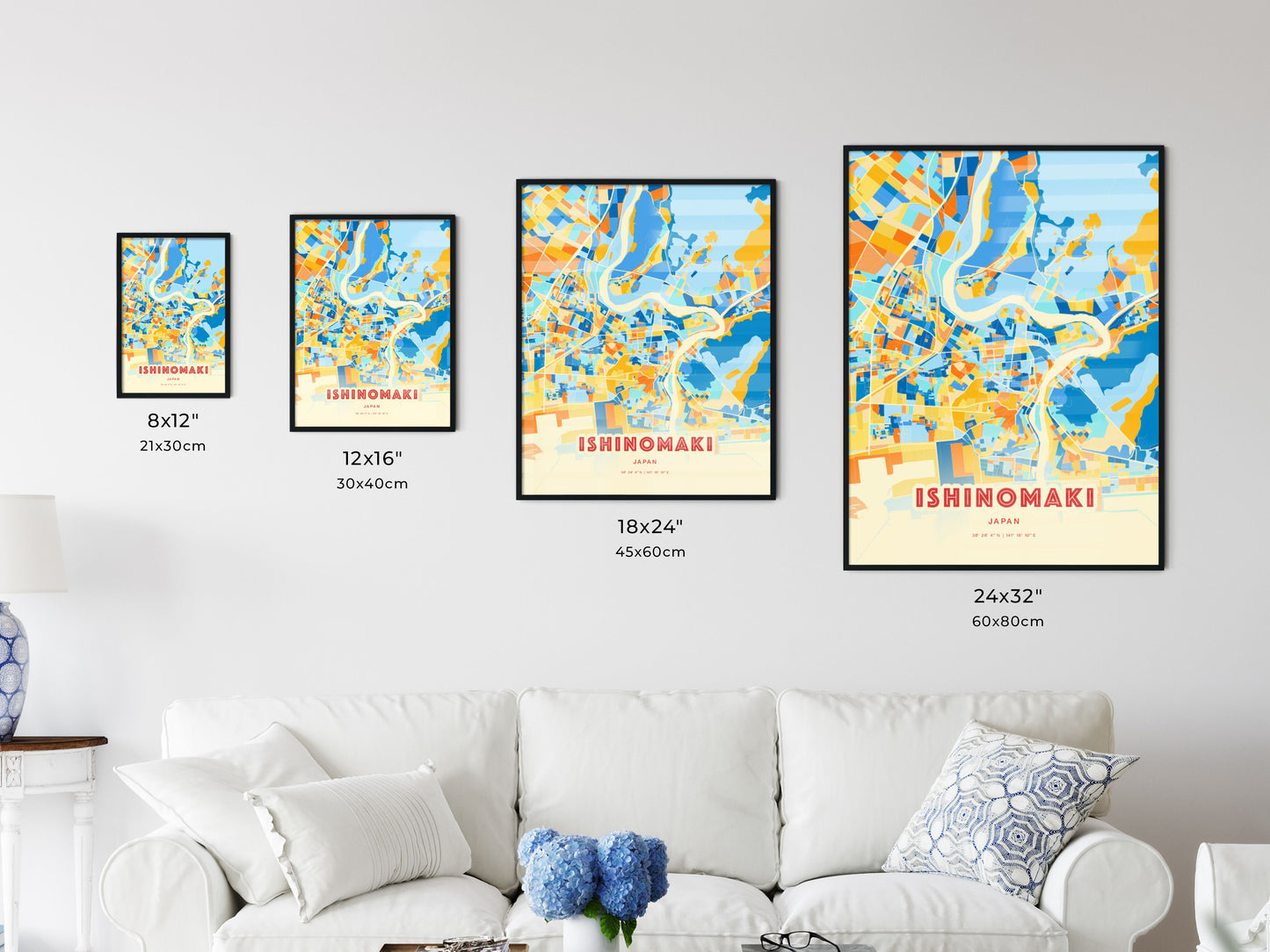 Colorful ISHINOMAKI JAPAN Fine Art Map Blue Orange