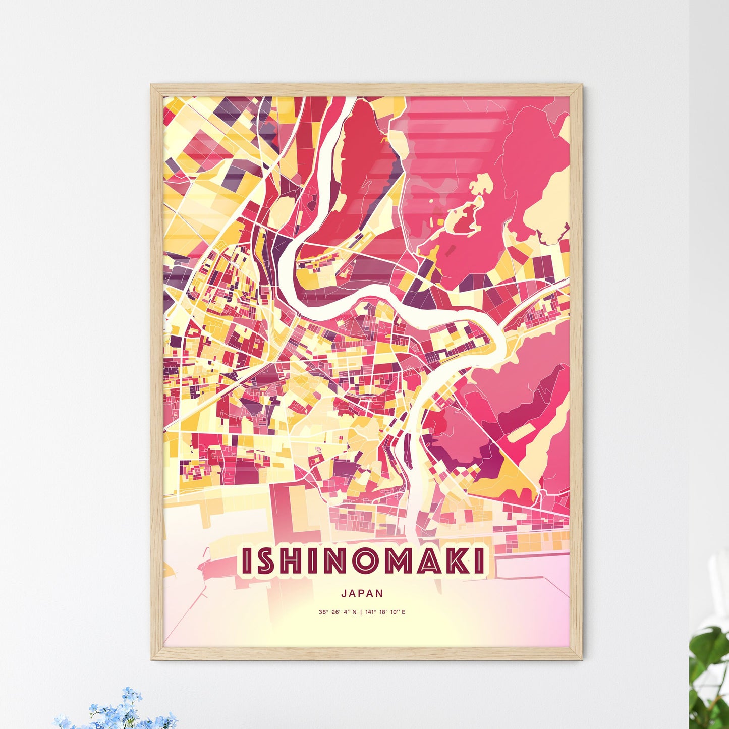 Colorful ISHINOMAKI JAPAN Fine Art Map Hot Red