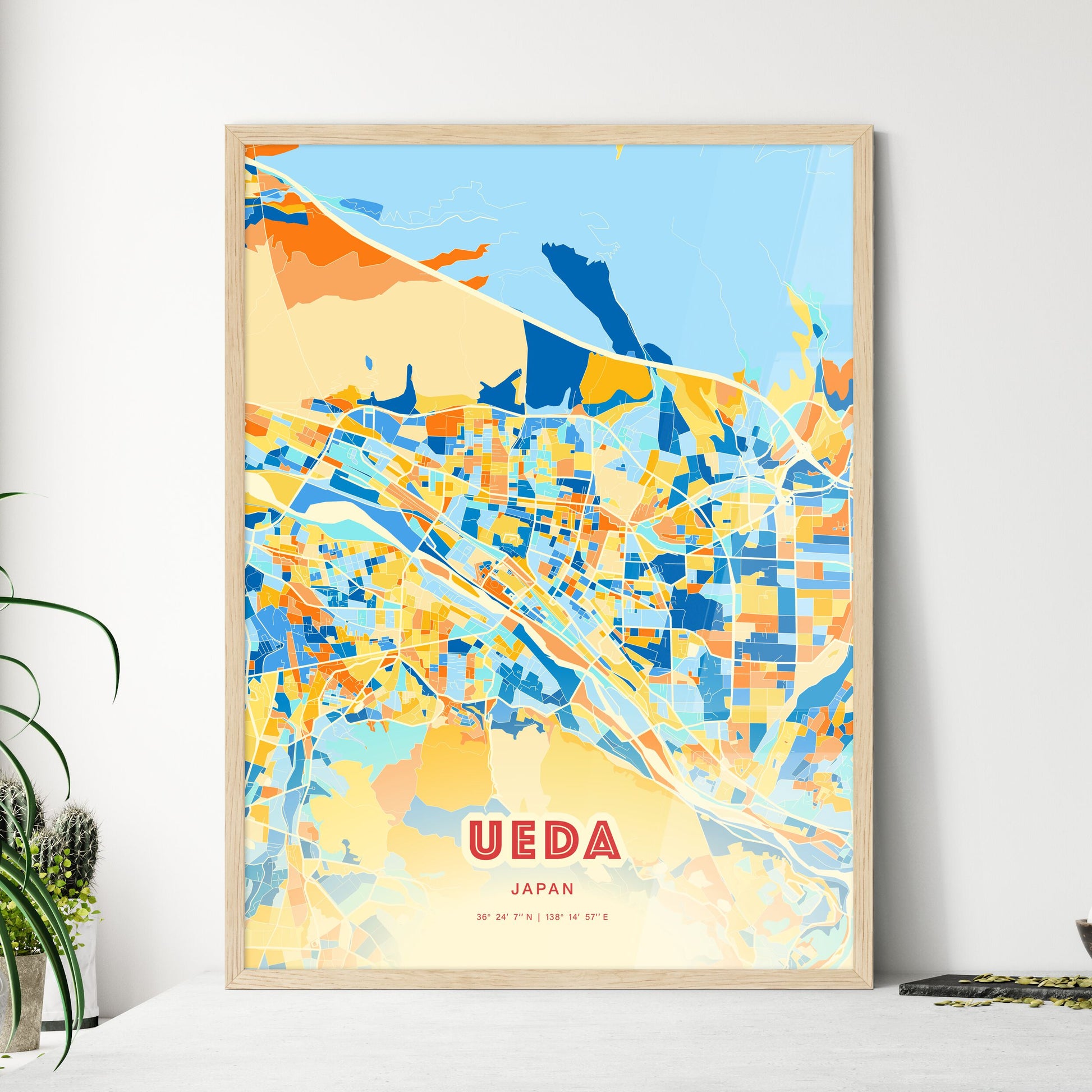 Colorful UEDA JAPAN Fine Art Map Blue Orange