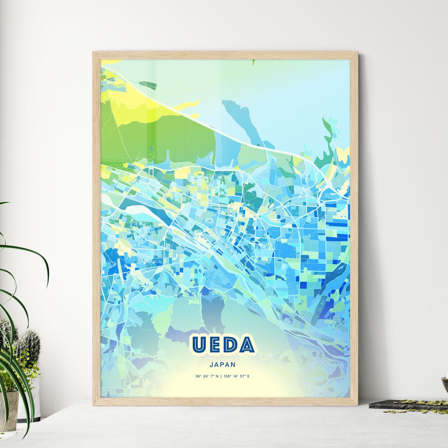 Colorful UEDA JAPAN Fine Art Map Cool Blue