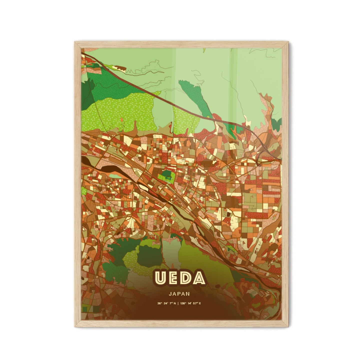 Colorful UEDA JAPAN Fine Art Map Farmhouse