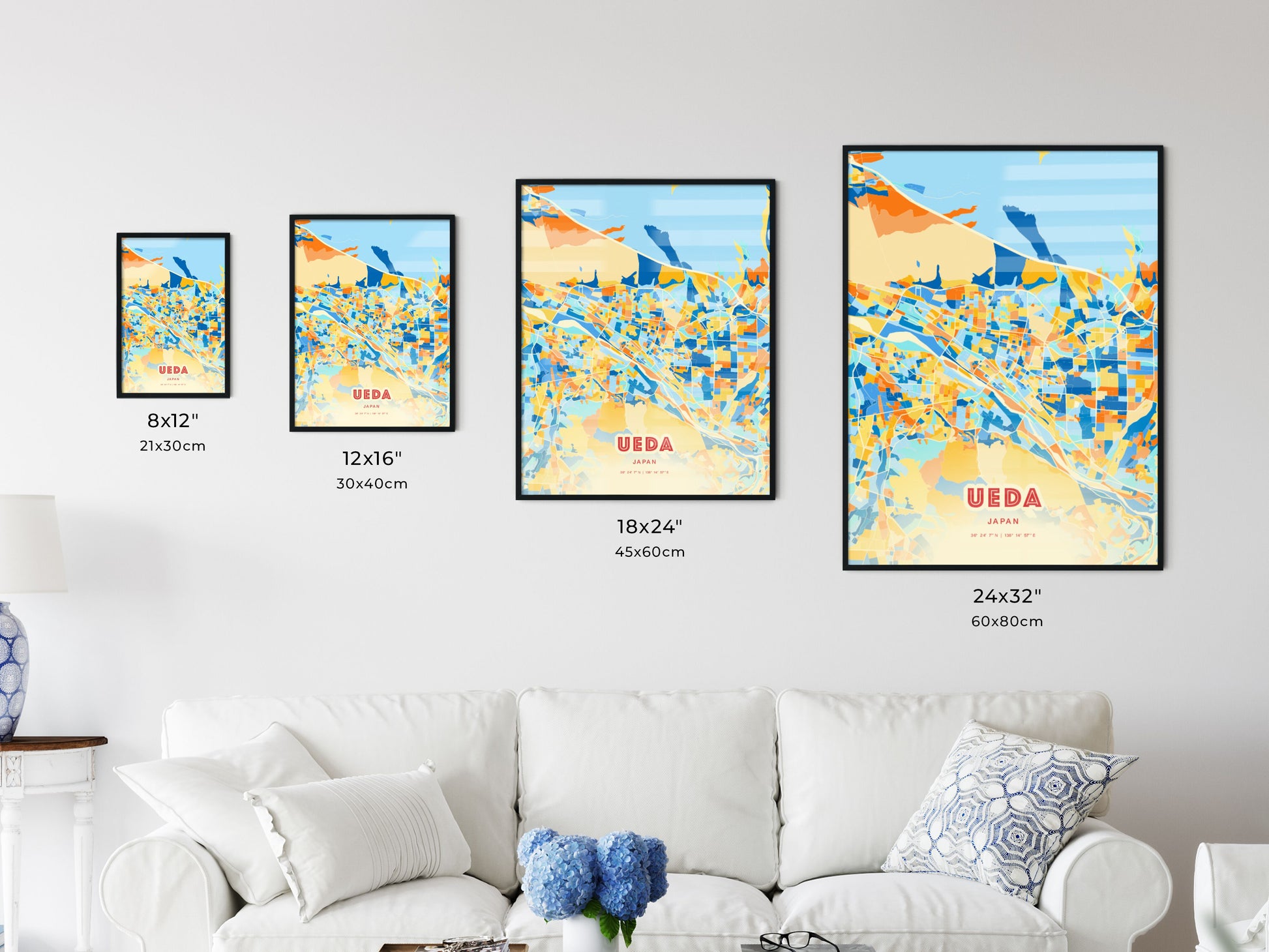 Colorful UEDA JAPAN Fine Art Map Blue Orange