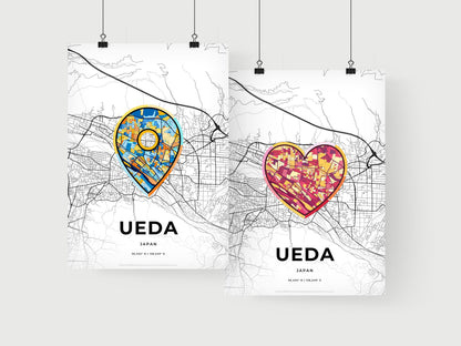 UEDA JAPAN minimal art map with a colorful icon.